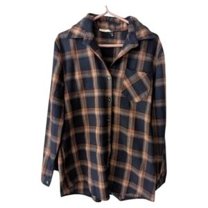ADORA 90s Grunge Women's Shacket L Orange Blue Plaid Oversized Cottage